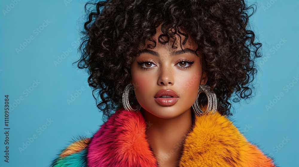 Young Black woman with curly hair wearing a vibrant multicolored coat and statement earrings against a blue background. Young Black woman with curly hair wearing a vibrant multicolored coat and statement earrings against a blue background.