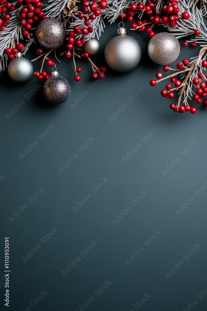 An artistic arrangement of vibrant red berries and sparkling silver globes on a deep dark backdrop, creating a striking balance of festive elegance and modern style.