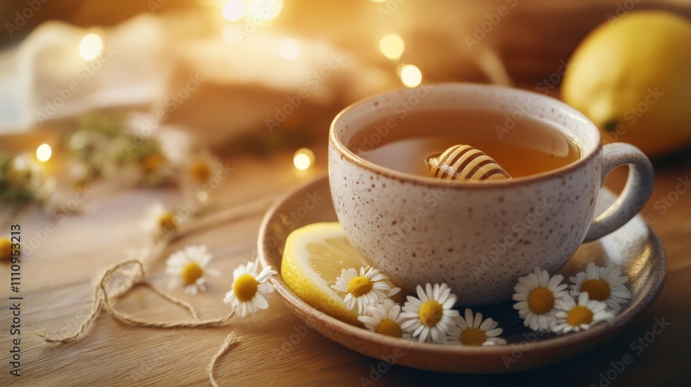 Photo of, A cozy cup of herbal chamomile tea served with honey and a lemon wedge, Chamomile tea presented in a ceramic mug with a saucer Photo of, A cozy cup of herbal chamomile tea served with honey and a lemon wedge, Chamomile tea presented in a ceramic mug with a saucer
