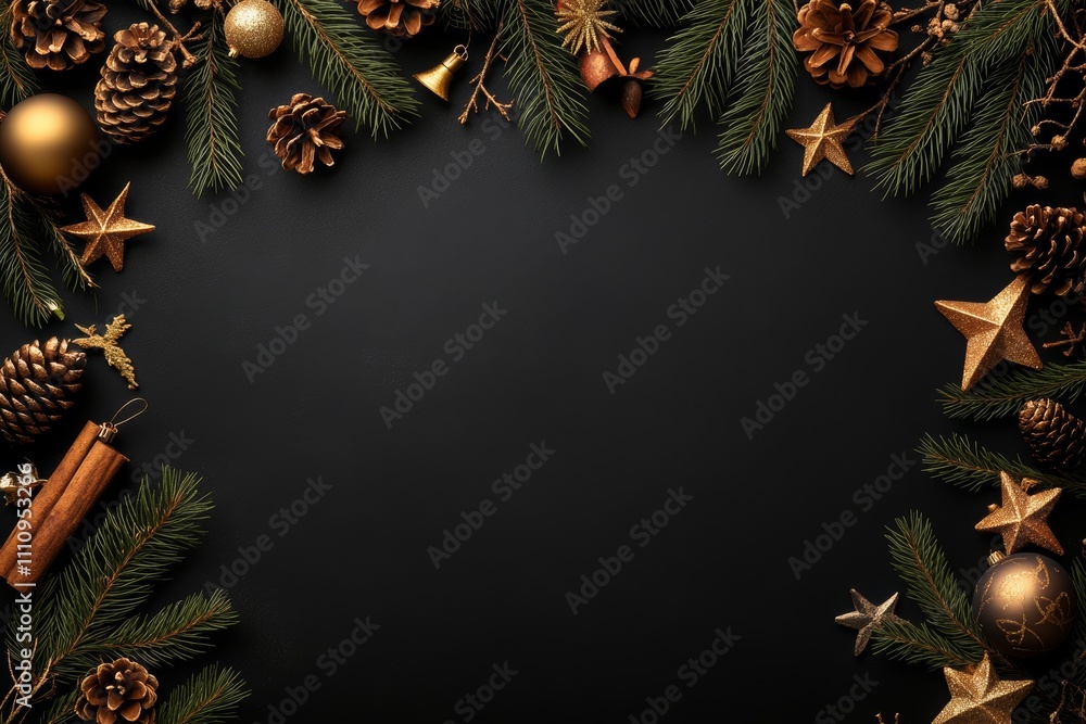 Naklejka premium Beautiful arrangement of golden Christmas decorations with pine branches and pinecones on a contrasting black background, showcasing elegance and festive spirit.