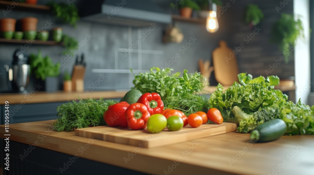 Fresh Produce on Kitchen Countertop with Blurred Background Fresh Produce on Kitchen Countertop with Blurred Background