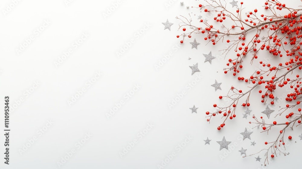 A delicate arrangement of red berries and glittering silver stars on a white background, capturing the festive holiday spirit with elegance and simplicity. A delicate arrangement of red berries and glittering silver stars on a white background, capturing the festive holiday spirit with elegance and simplicity.