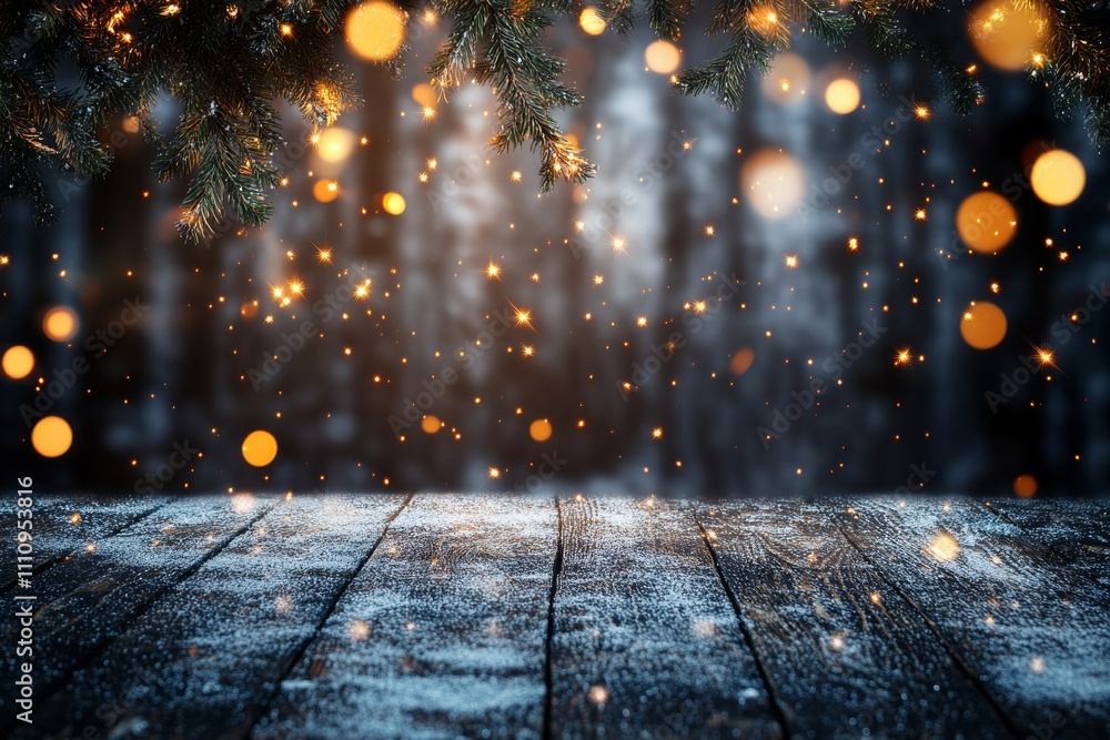 A magical winter scene featuring a wooden table dusted with snowflakes, surrounded by twinkling lights and pine branches, evoking warmth during festive occasions. A magical winter scene featuring a wooden table dusted with snowflakes, surrounded by twinkling lights and pine branches, evoking warmth during festive occasions.
