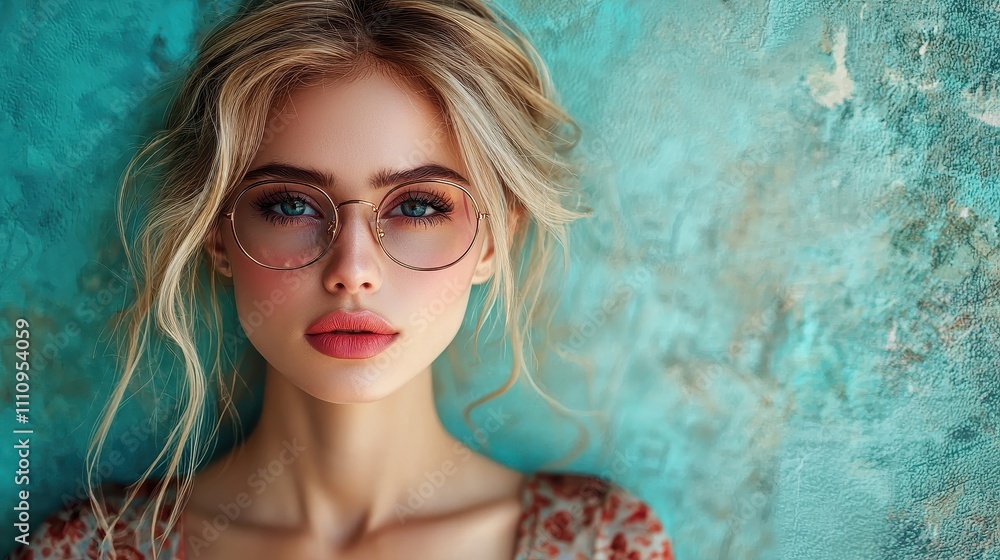 stunning female portrait with blue eyes and stylish glasses, showcasing soft expression against textured turquoise background stunning female portrait with blue eyes and stylish glasses, showcasing soft expression against textured turquoise background