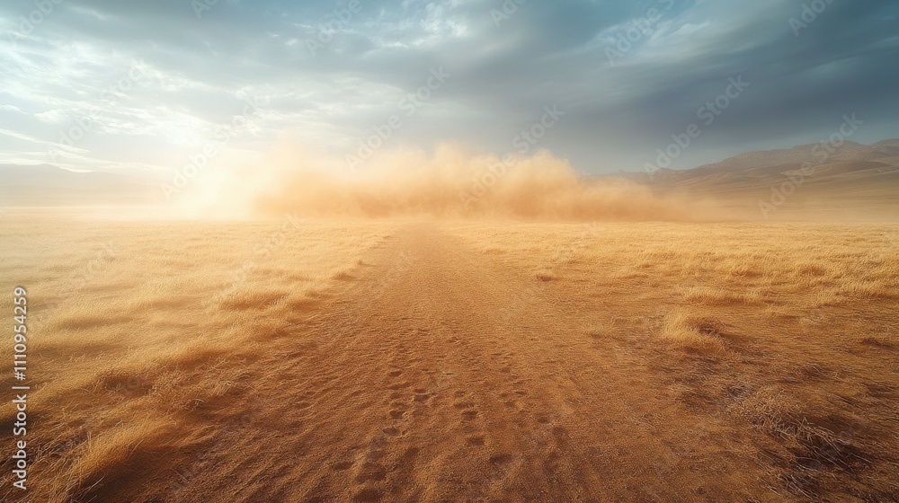 Naklejka premium Awe-Inspiring Golden Desert Landscape Capturing a Majestic Dust Storm, a Breathtaking Panorama of the Arid Plains