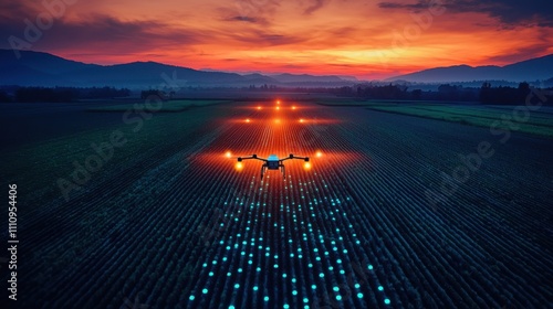 A smart farm with automated irrigation systems and glowing drone paths illuminating the fields at dusk. The harmonious integration of technology and agriculture emphasizes efficiency and sustainabilit