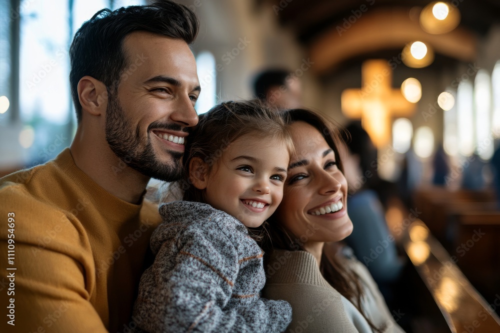 A happy family, smiling and embracing, sits together in a warmly lit church with a glowing cross in the background, expressing love and unity. A happy family, smiling and embracing, sits together in a warmly lit church with a glowing cross in the background, expressing love and unity.