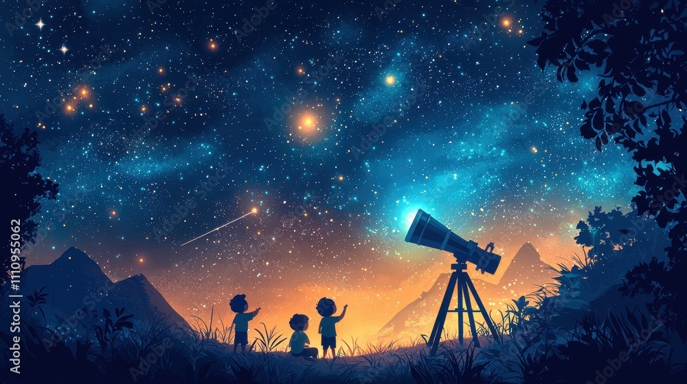 A teacher and a small group of students observing the night sky through a telescope, learning about constellations and celestial phenomena. The magical scene emphasizes curiosity and wonder A teacher and a small group of students observing the night sky through a telescope, learning about constellations and celestial phenomena. The magical scene emphasizes curiosity and wonder