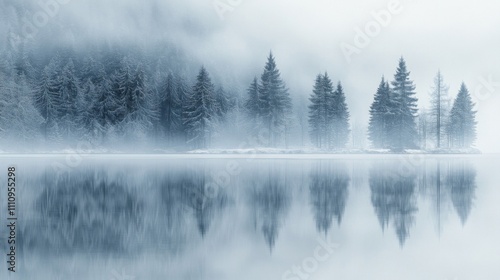 Foggy Winter Landscape with Pine Trees Reflected in Still Water