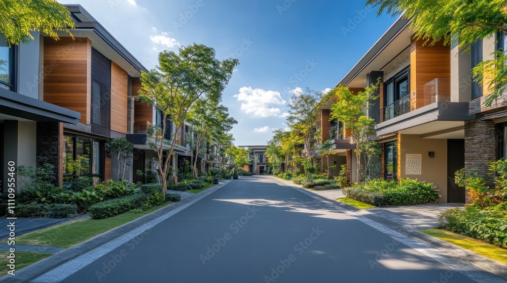 Luxury Residential Street: Modern Homes and Lush Landscaping Luxury Residential Street: Modern Homes and Lush Landscaping