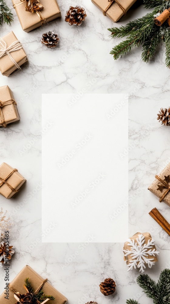 Obraz premium An elegant Christmas composition on marble showcases a blank card enveloped by wrapped presents, snowflakes, and evergreen foliage for a modern holiday message.