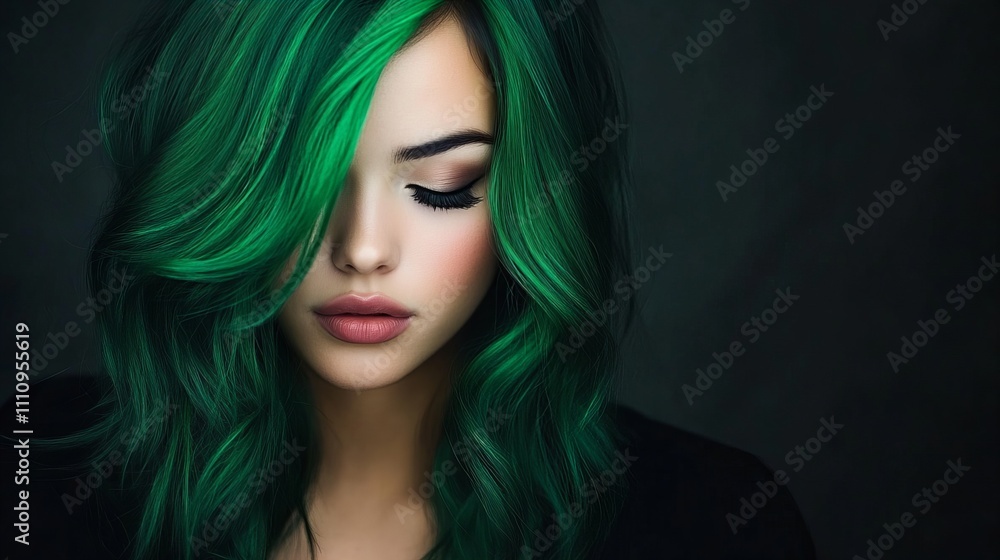 Young woman with striking green hair, creating a mysterious and captivating atmosphere. Young woman with striking green hair, creating a mysterious and captivating atmosphere.