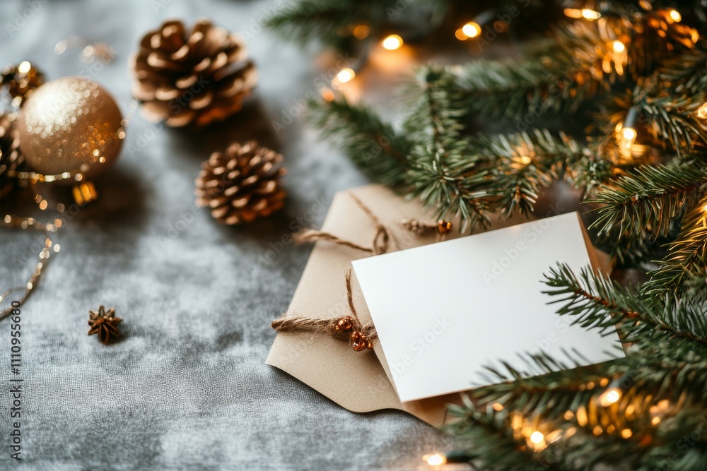 Obraz premium An elegant card is set amidst a metallic background with pine cones, string lights, and an envelope, creating a thoughtful holiday vibe.