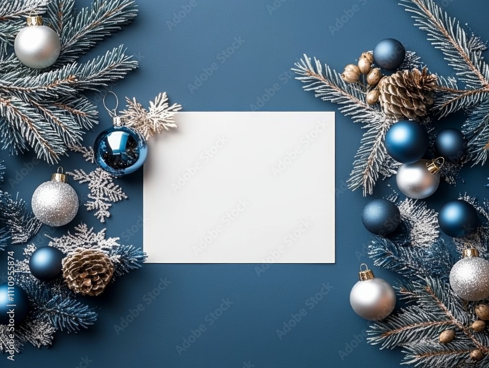 Fototapeta premium The image showcases an elegant Christmas-themed flat lay with pine branches, blue and silver ornaments, and a blank card at the center, perfect for holiday greetings.