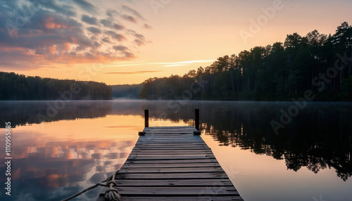 A small wooden dock extending out into a still lake during the early hours of dawn. The dock is slig photo