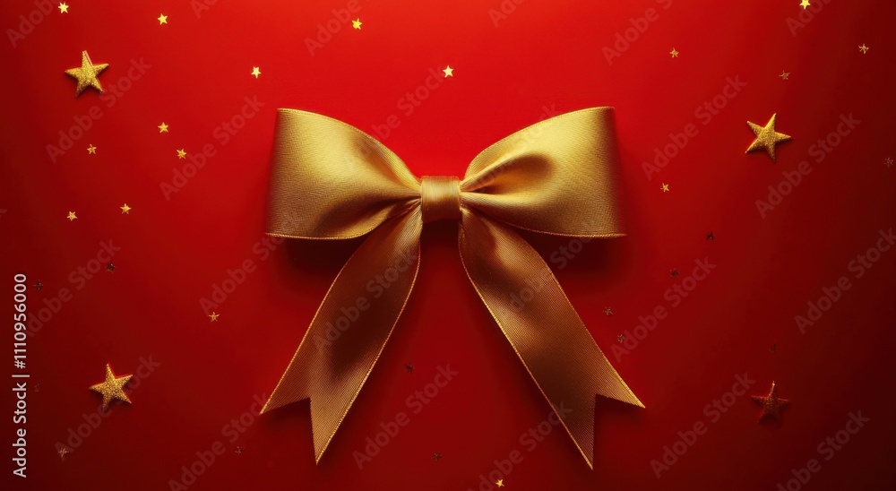 Elegant golden bow on a vibrant red background adorned with scattered stars, perfect for festive celebrations and gift wrapping Elegant golden bow on a vibrant red background adorned with scattered stars, perfect for festive celebrations and gift wrapping