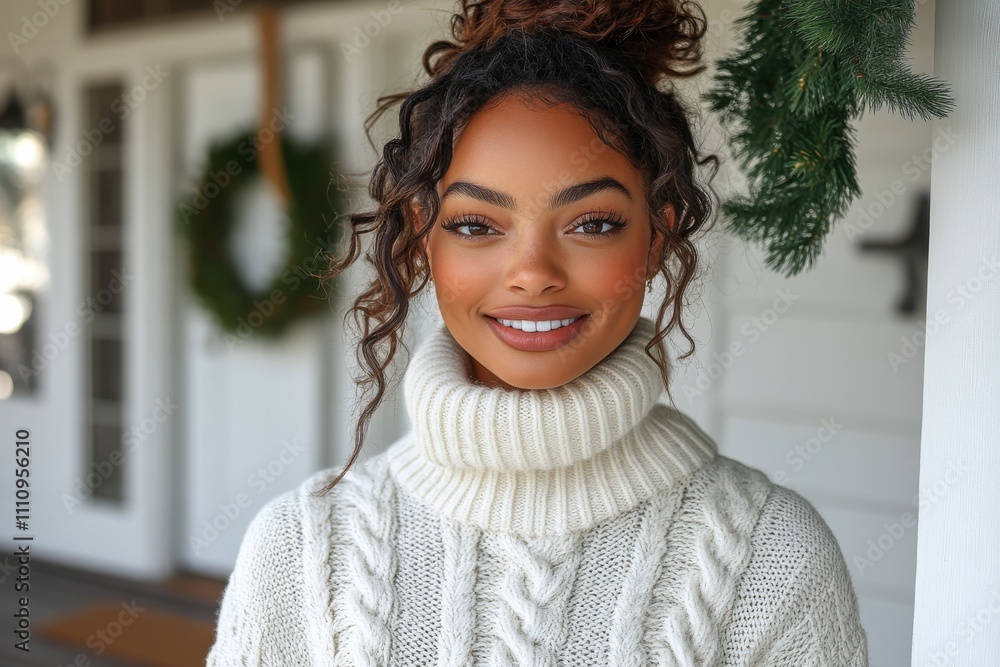 Smiling woman in cozy sweater against festive decor at home during winter season Smiling woman in cozy sweater against festive decor at home during winter season