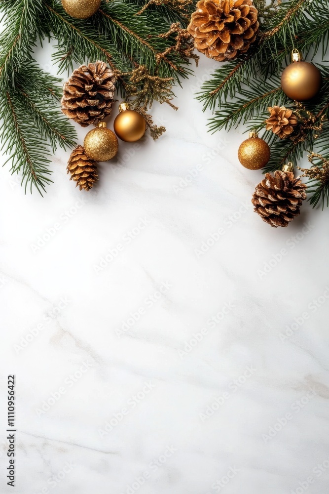 A top-down view showcasing pine cones and fir branches artfully arranged on a marble surface, perfect for capturing the natural beauty and simplicity of winter decor. A top-down view showcasing pine cones and fir branches artfully arranged on a marble surface, perfect for capturing the natural beauty and simplicity of winter decor.