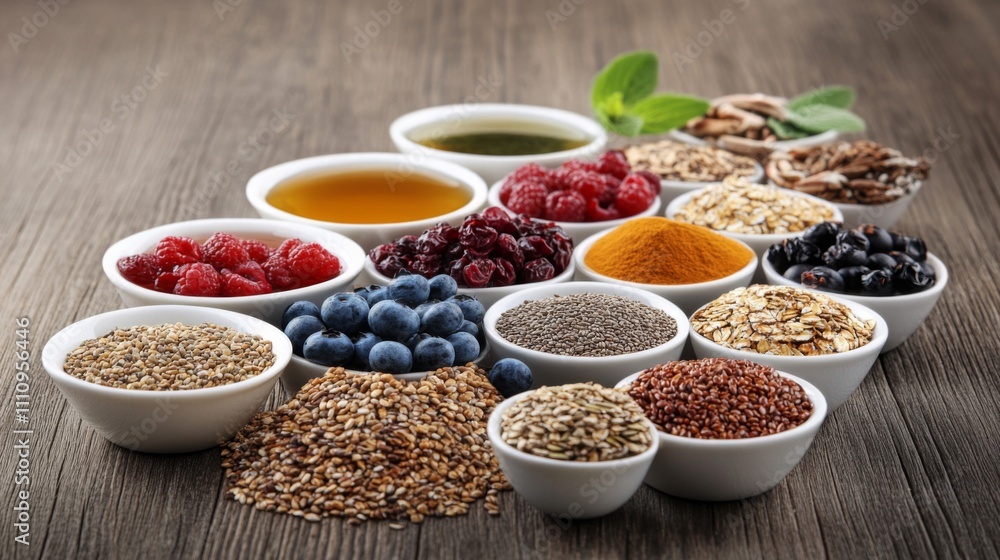 Assortment of Healthy Foods in Bowls on Wooden Table Assortment of Healthy Foods in Bowls on Wooden Table