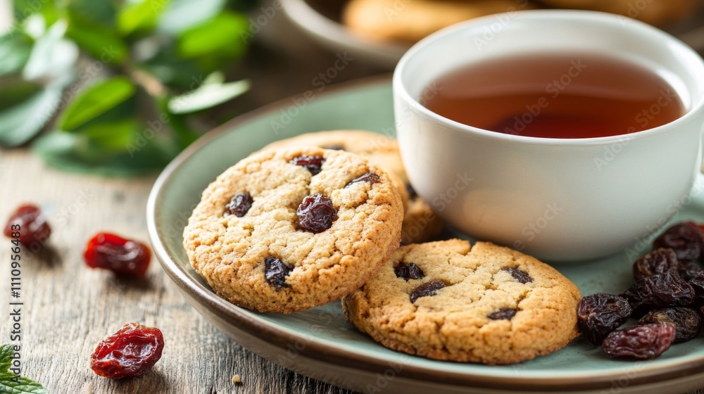 Raisin Cookies and Tea on a Wooden Table Raisin Cookies and Tea on a Wooden Table