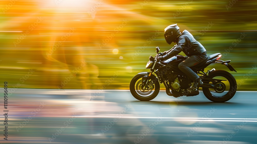 Fototapeta premium Dynamic Motorcycle Rider in Motion on a Scenic Road with Beautiful Sunlight and Vibrant Background Capturing the Spirit of Freedom and Adventure