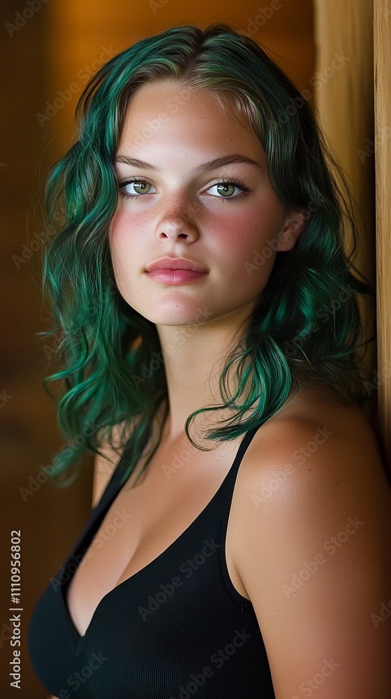 A young Caucasian woman with striking green hair poses elegantly, showcasing her unique style and beauty. A young Caucasian woman with striking green hair poses elegantly, showcasing her unique style and beauty.