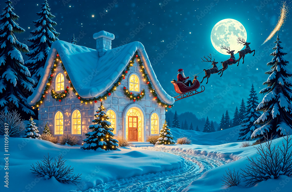 Fairytale ice glass house with a Christmas tree inside. Night view with snow-covered firs and snowdrifts. Christmas mood. Fairytale ice glass house with a Christmas tree inside. Night view with snow-covered firs and snowdrifts. Christmas mood.