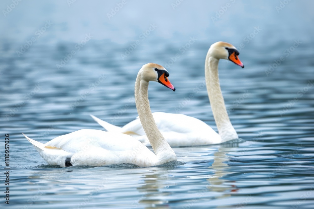 A duo of white swans swims in harmony on a still pond, surrounded by the pastel colors of the sunrise sky.