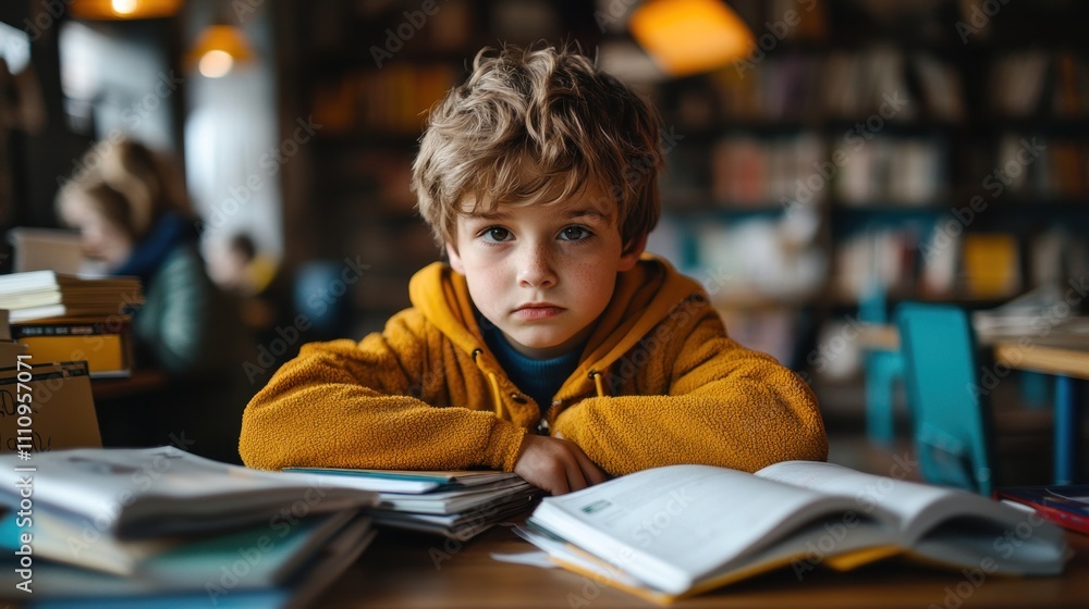 Young Boy Studying in Library, Focused and Serious Expression Young Boy Studying in Library, Focused and Serious Expression