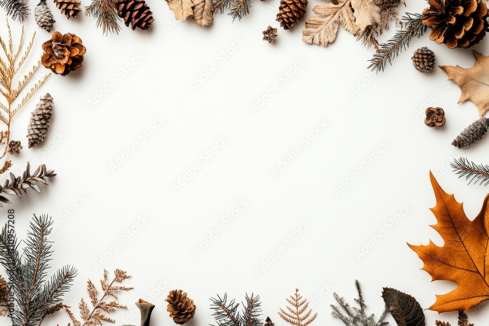 Features rustic autumnal decorations including pinecones, leaves, and branches framed around a white background, evoking a sense of natural simplicity and elegance. Features rustic autumnal decorations including pinecones, leaves, and branches framed around a white background, evoking a sense of natural simplicity and elegance.