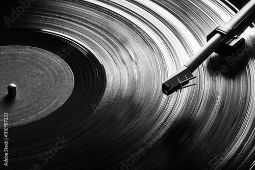 close up of vinyl record spinning on turntable, showcasing grooves and stylus. image captures essence of analog music and nostalgia photo