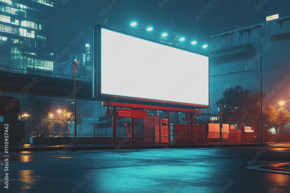 Empty billboard in urban environment at night, illuminated by city lights, capturing the essence of urban solitude and advertising potential in a modern cityscape Empty billboard in urban environment at night, illuminated by city lights, capturing the essence of urban solitude and advertising potential in a modern cityscape