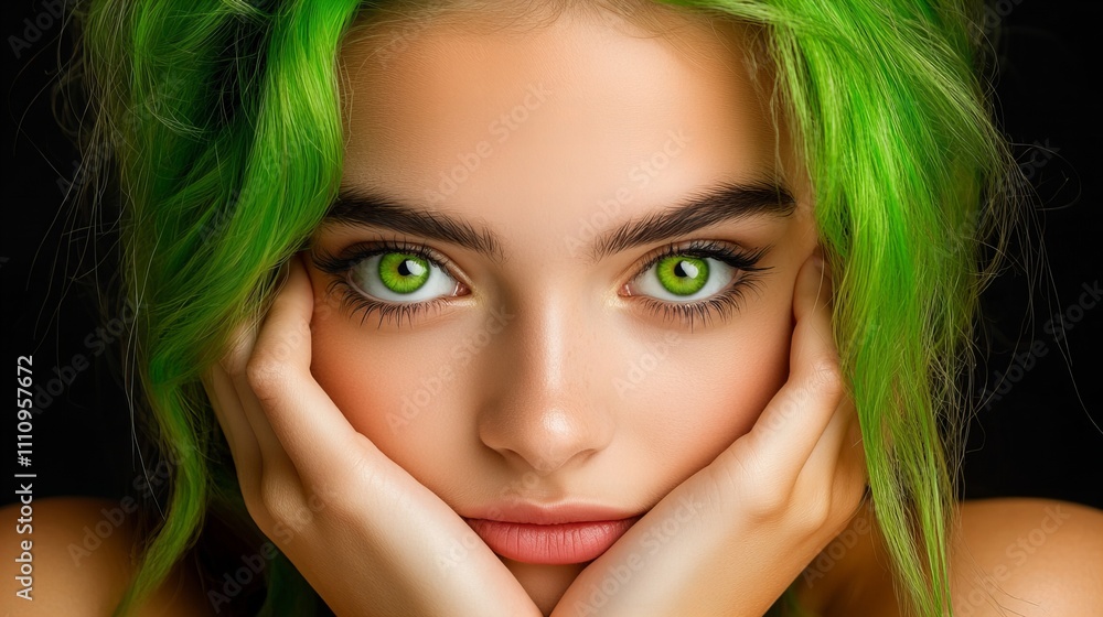 A young woman with striking green hair and vibrant green eyes gazes thoughtfully at the camera.