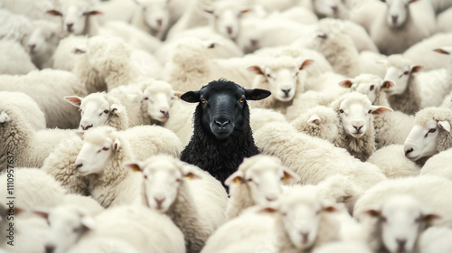 One lone black sheep in flock of white sheep . individuality concept .