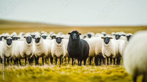 One lone black sheep in flock of white sheep . individuality concept .