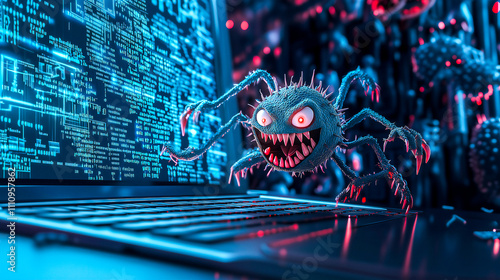 Flying Malware is attacking PC on blue data background .