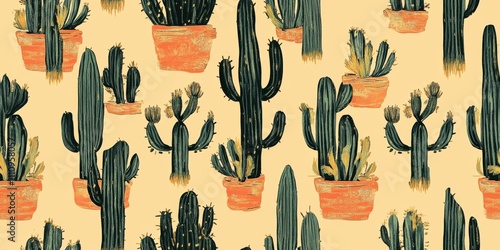 Colorful pattern featuring various cactus plants in terracotta pots against a light background indicative of a desert-inspired decor photo