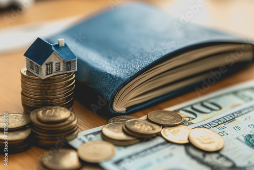 Small model house on stacked coins beside a blue wallet and cash, symbolizing savings, real estate investment, and financial planning concepts for stock images