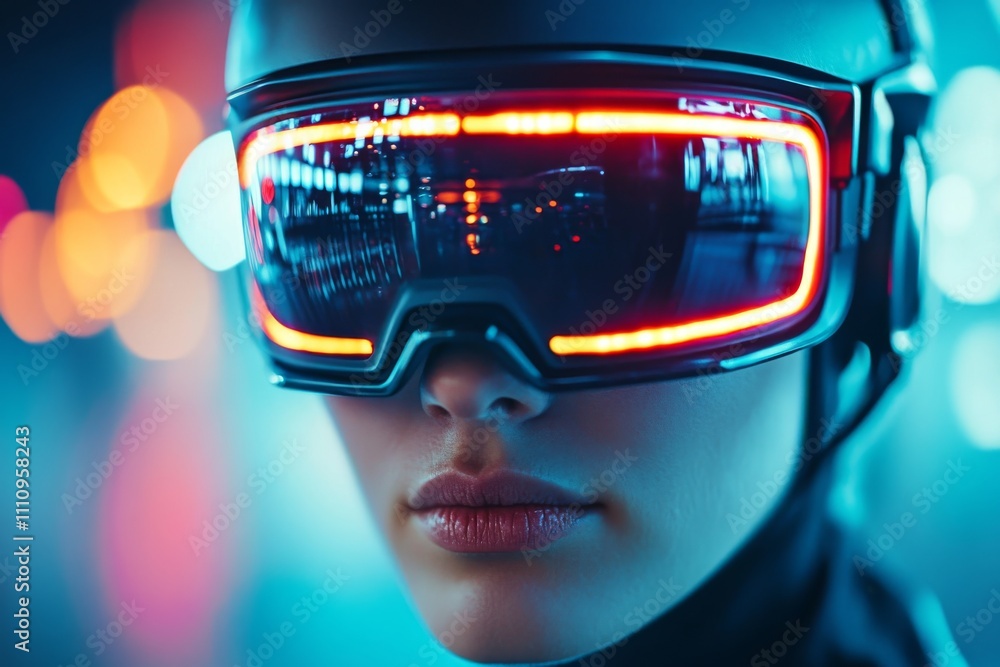 A person models a cutting-edge virtual reality headset, enveloped in the glow of vibrant neon lights, symbolizing technology and digital experiences of the future. A person models a cutting-edge virtual reality headset, enveloped in the glow of vibrant neon lights, symbolizing technology and digital experiences of the future.