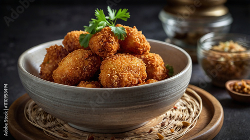 Crispy Chicken Balls, Golden-brown, crispy chicken balls, perfect for a delicious and satisfying meal. Created using generative AI tools. 