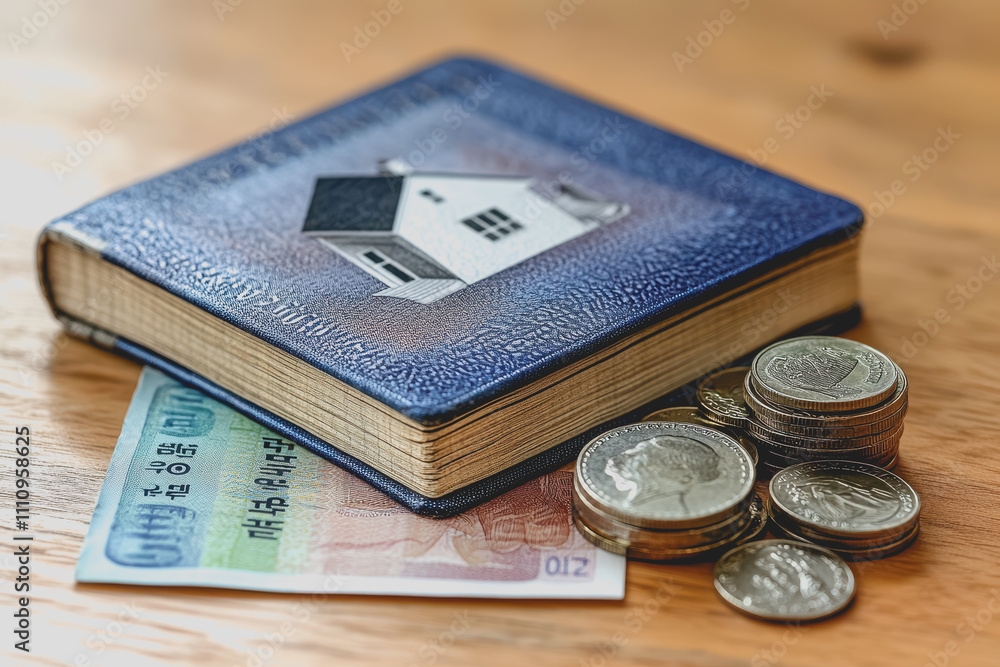 Wallet with house image, cash notes, and coins illustrating financial planning, savings for home ownership, investment, and money management concepts Wallet with house image, cash notes, and coins illustrating financial planning, savings for home ownership, investment, and money management concepts