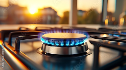 Close-up of a gas burner ignited, showcasing vivid blue flames against a warm sunset backdrop, creating a cozy atmosphere in the kitchen. photo