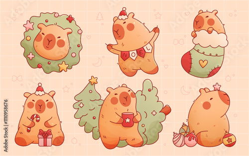Kawaii Christmas capybaras New Year Tree star toy garland with flags, candy sock and wreath.
