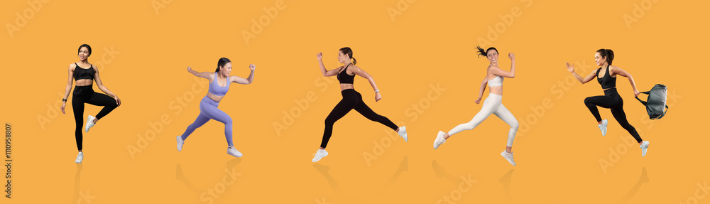Five athletic women in various outfits demonstrate energetic running and exercising against a vibrant orange backdrop, showcasing fitness and movement in action during daylight. Five athletic women in various outfits demonstrate energetic running and exercising against a vibrant orange backdrop, showcasing fitness and movement in action during daylight.