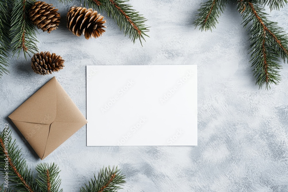 Minimalist holiday card featuring a blank card with an envelope framed by pine branches and cones on a textured background, perfect for personal holiday messages. Minimalist holiday card featuring a blank card with an envelope framed by pine branches and cones on a textured background, perfect for personal holiday messages.