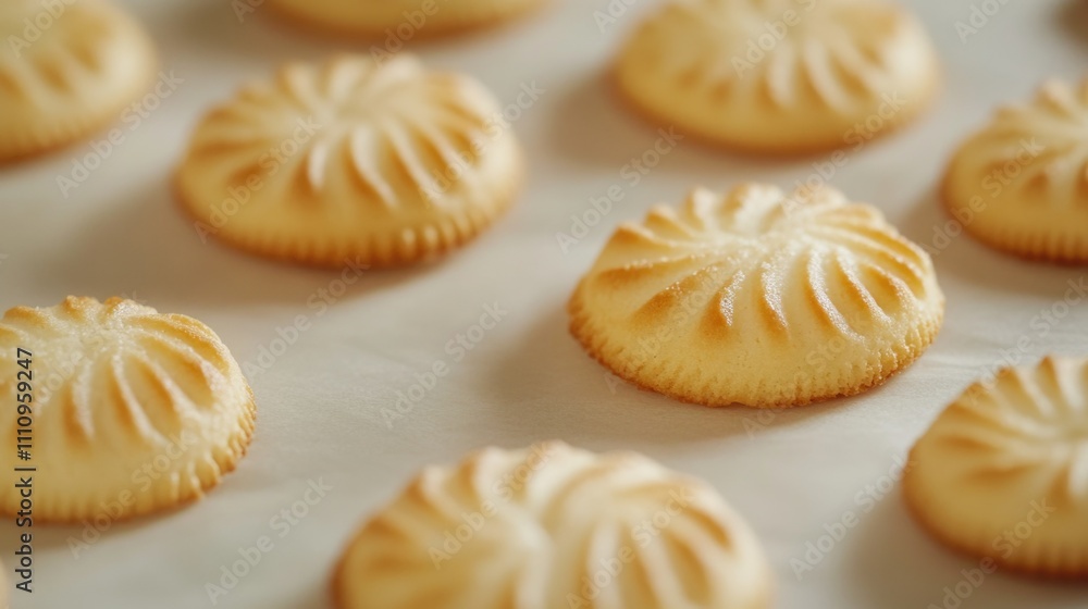 Close-up of Golden Round Biscuits on a White Countertop Close-up of Golden Round Biscuits on a White Countertop