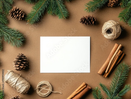 An empty card lies at the center surrounded by pine branches, cinnamon sticks, pine cones, and balls of twine, offering a rustic canvas for holiday creativity.