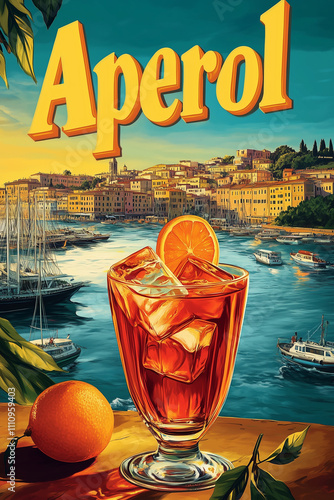 Vintage Aperol Poster: A Mediterranean Escape.
Classic Aperol Advertisement with Italian Vibes. Retro Citrus Cocktail Art by the Sea. Aperol Harbor Illustration: Sunset Refreshment photo