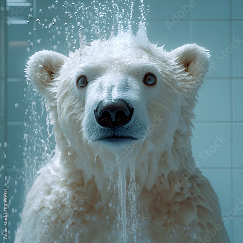 A white polar bear standing under a shower in a tiled bathroom, water streaming down its fur, creating a surreal thought-provoking scene emphasizing wildlife and human interaction. skincare product photo