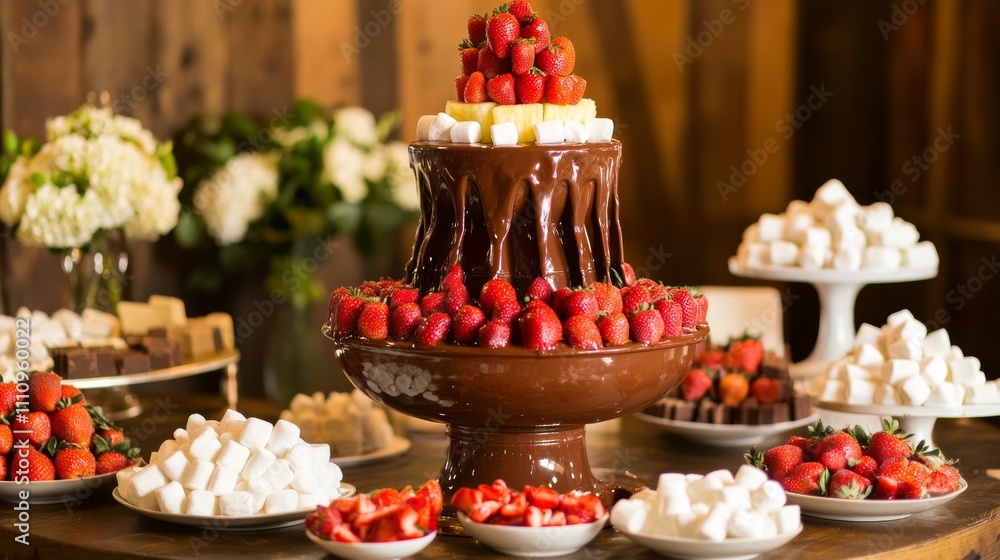 Photo of, A decadent chocolate fondue fountain surrounded by an assortment of dippable treats such as strawberries, marshmallows Photo of, A decadent chocolate fondue fountain surrounded by an assortment of dippable treats such as strawberries, marshmallows